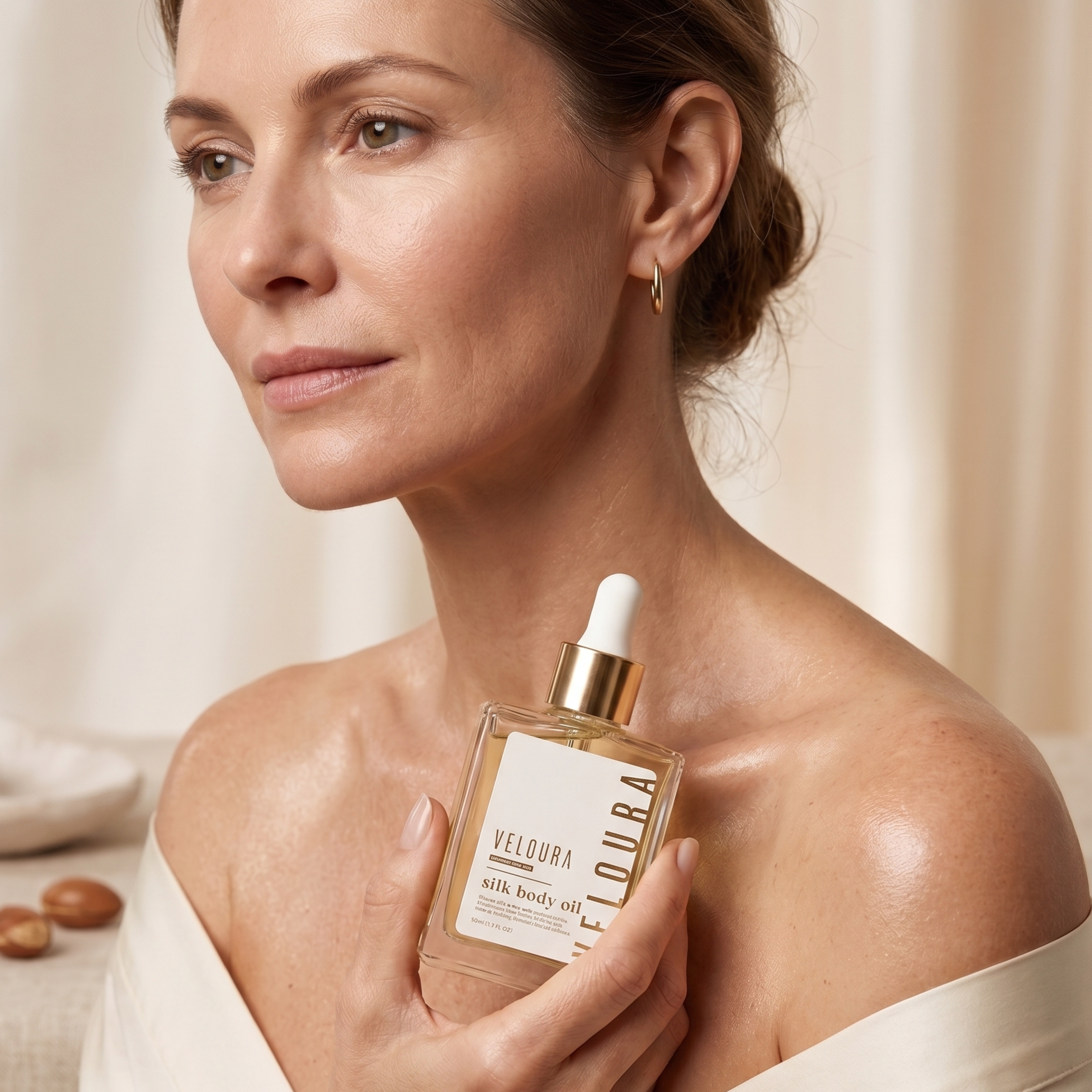 Mature woman with healthy looking shoulder and collarbone skin